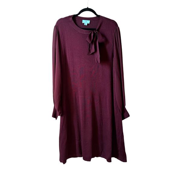 Cece New Women’s Tie Neck Sheer Long Sleeve Sweater Dress Burgundy Plus Size 1X - Picture 3 of 13